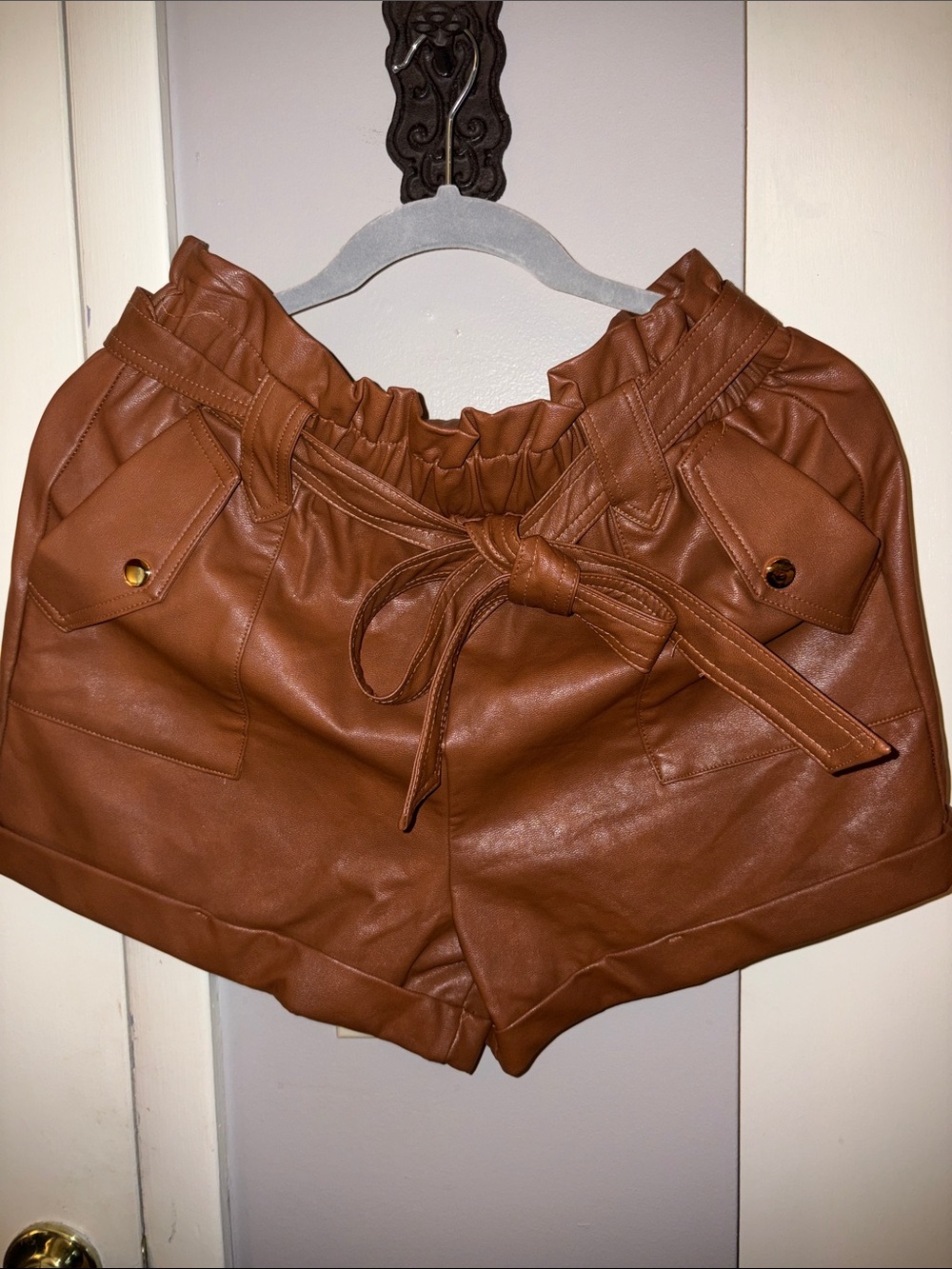 Luxe Brown Paperbag High-Waist Faux Leather Shorts